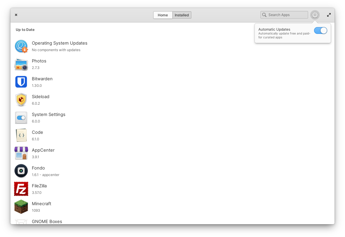 Screenshot of AppCenter automatic updates toggle
