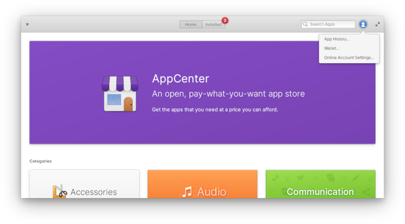 AppCenter account menu