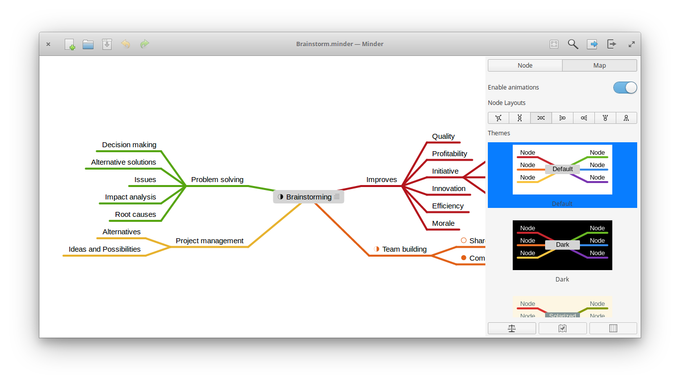 Minder with map properties, including layouts and themes