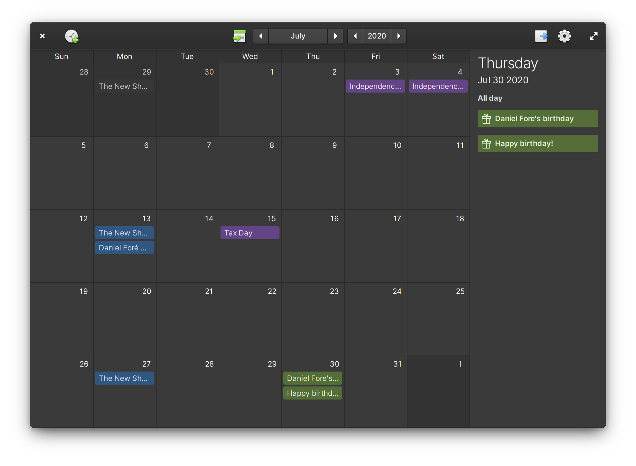 Calendar in the dark style after fixes