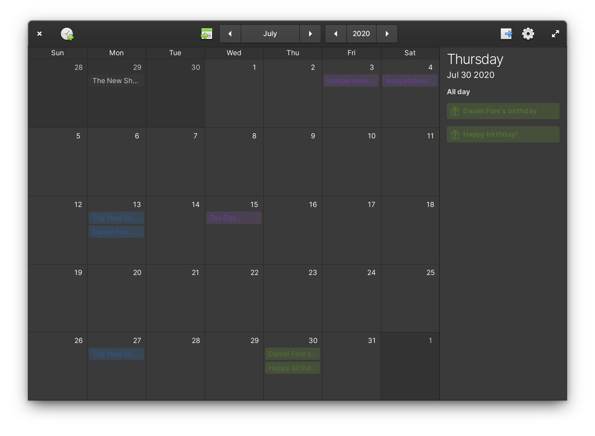Calendar in the dark style before fixes