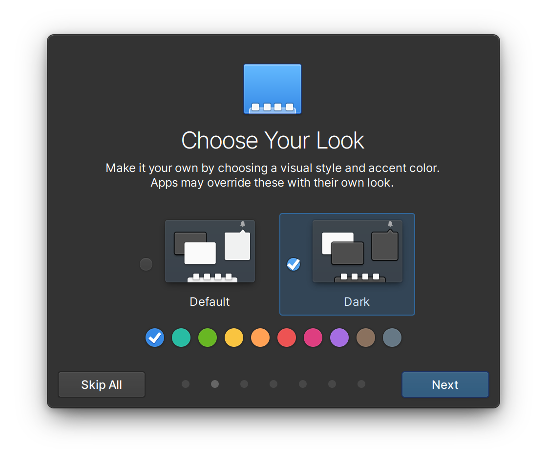The dark style and accent color preferences in Onboarding
