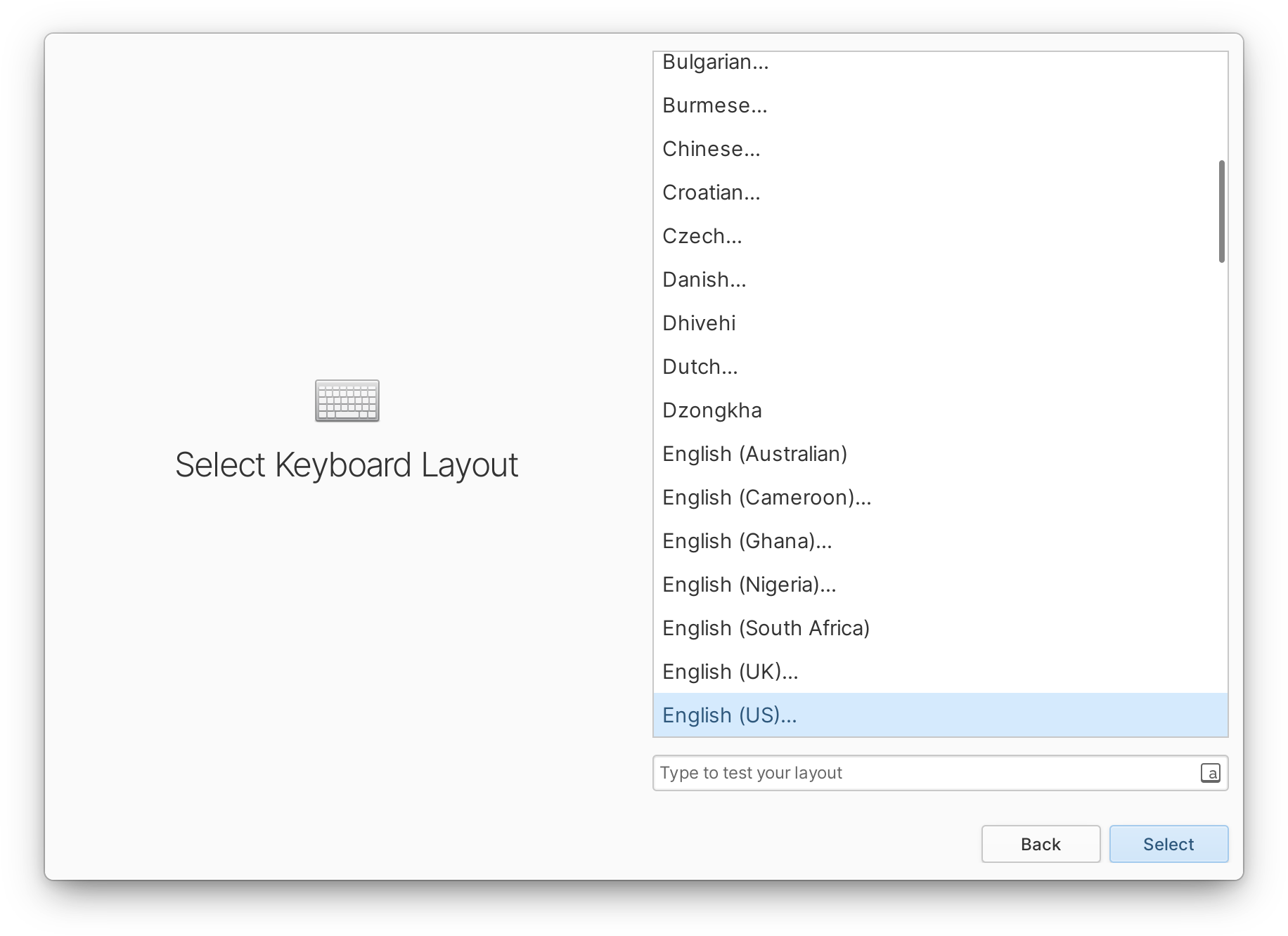 Página de configuración inicial del teclado