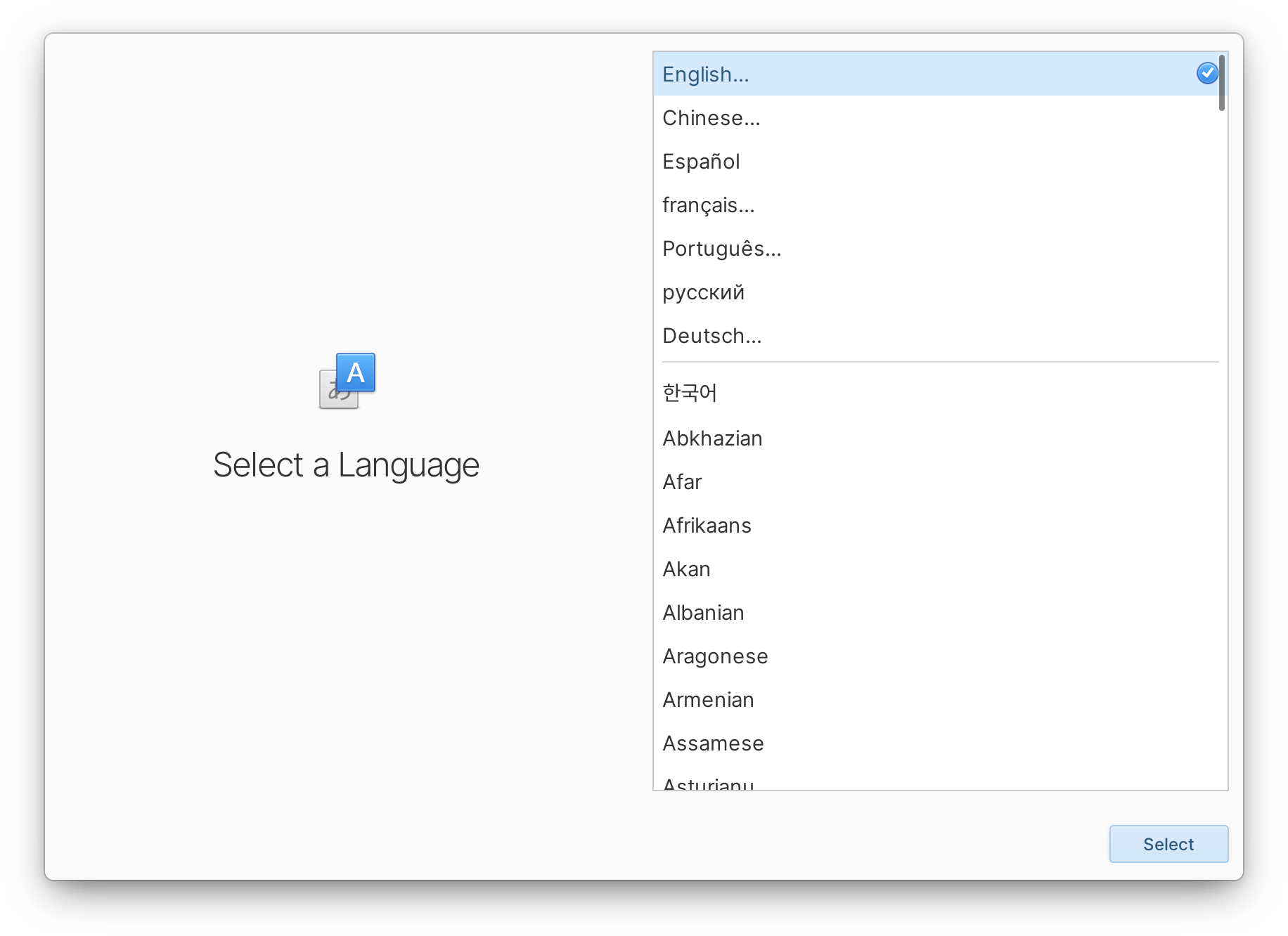 Página de idioma de configuración inicial