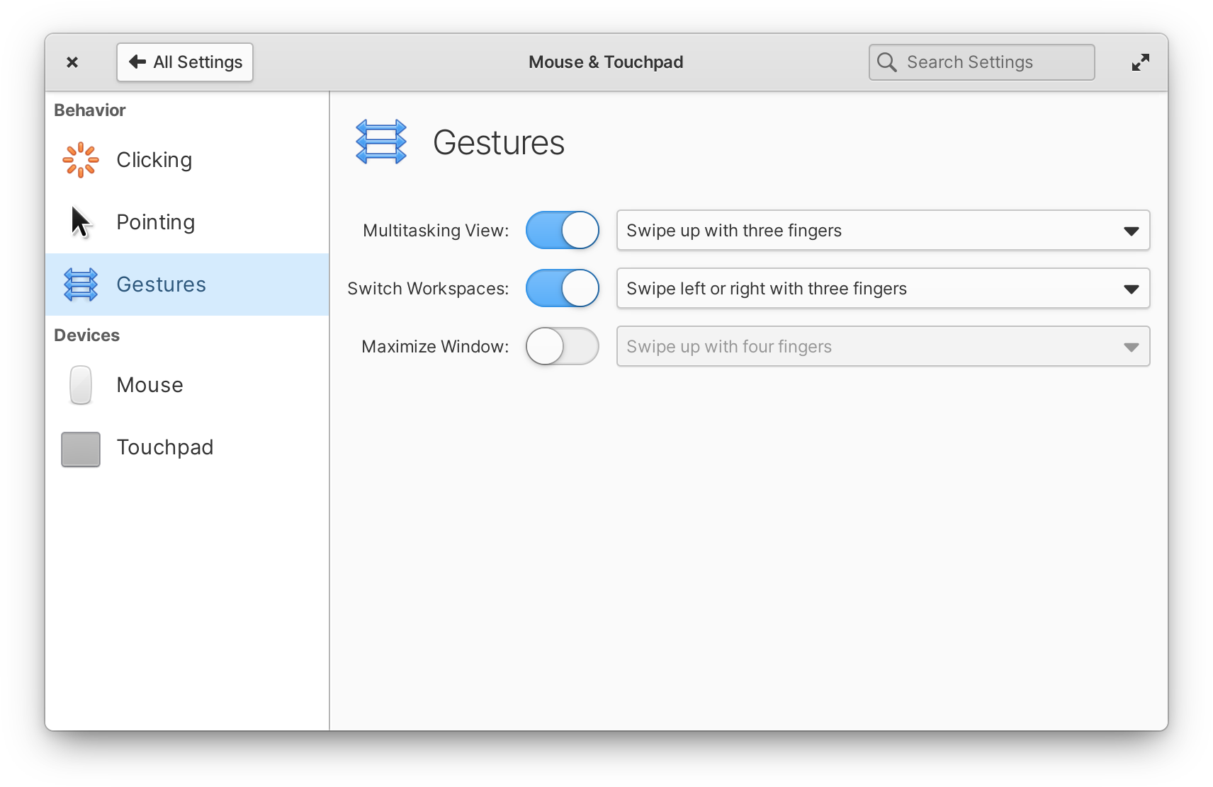 Gestures settings