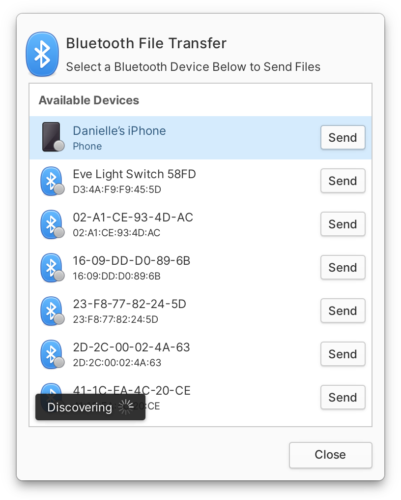 La finestra di dialogo di trasferimento file via Bluetooth