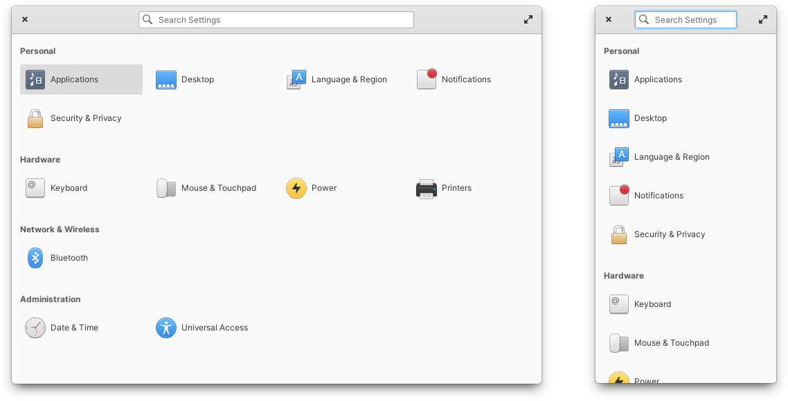 System Settings in Gtk 4 and mobile comparison